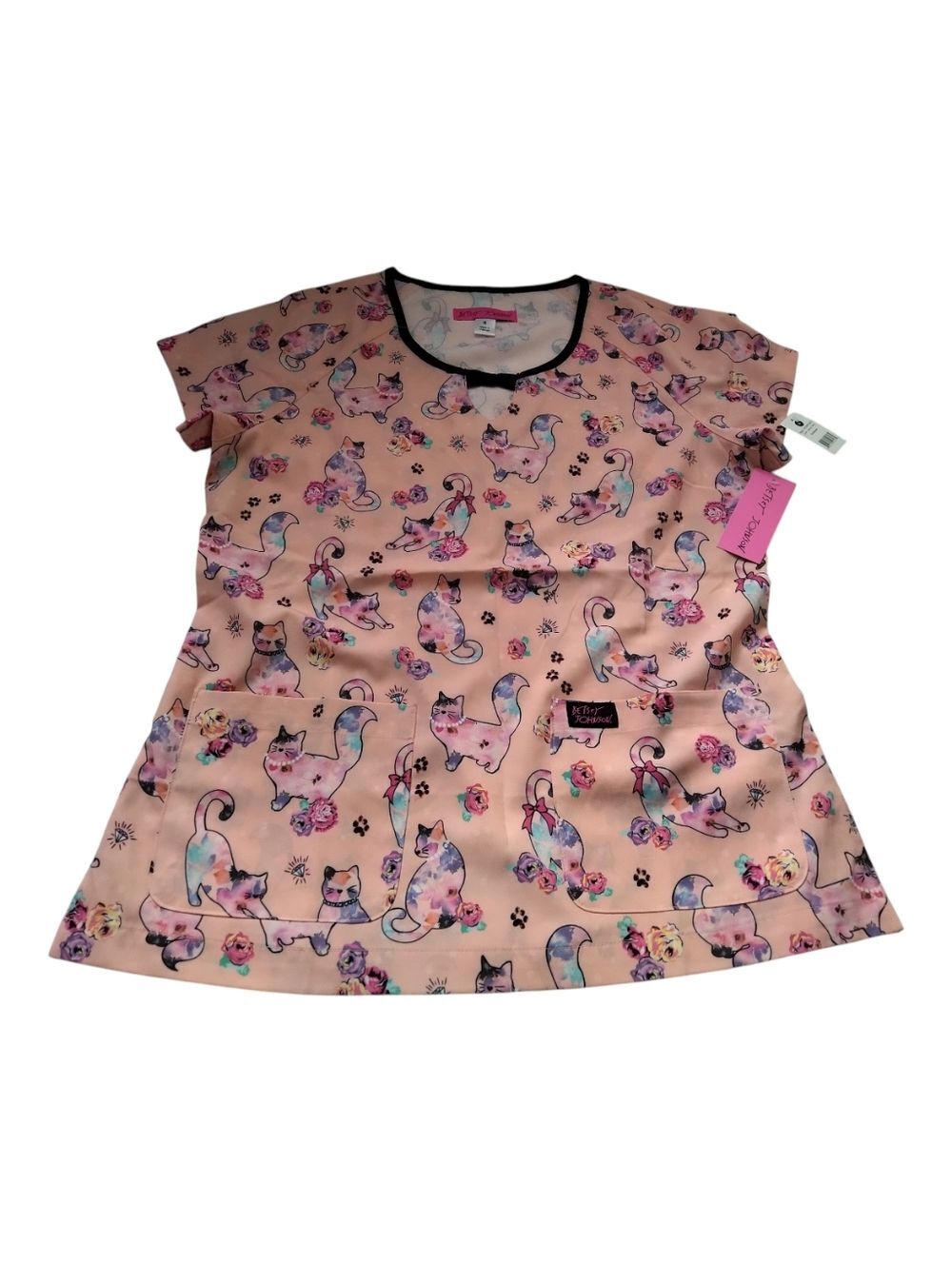 Betsey Johnson Peach Cat & Floral Print Scrub Top New Size S